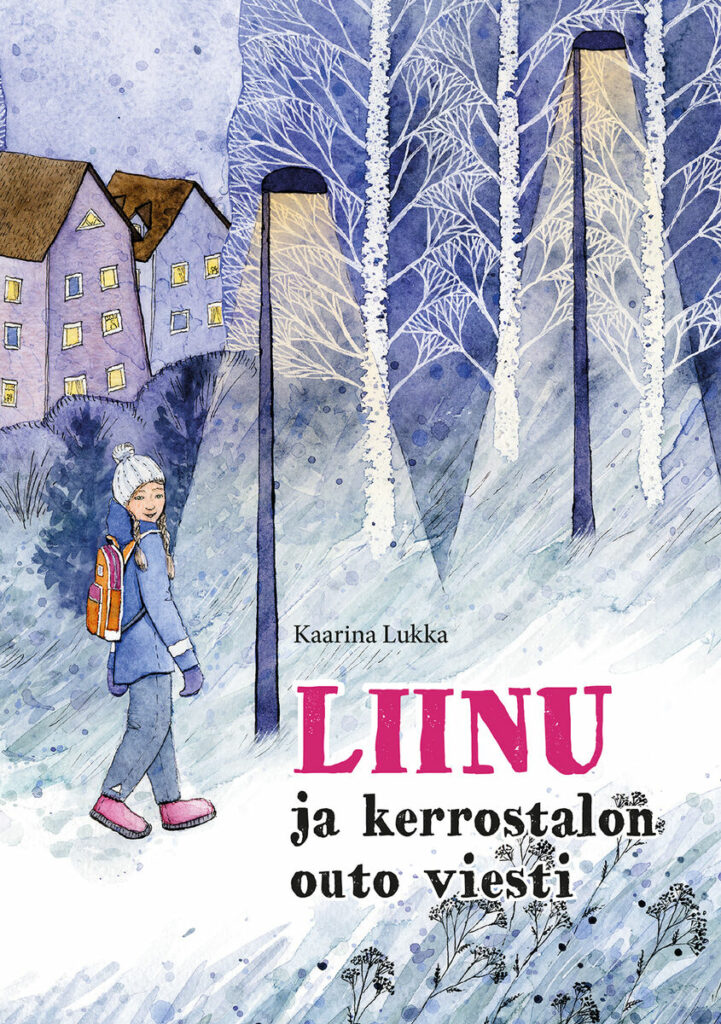 Tyttö kulkemassa lumisessa kaupunkimaisemassa, kirjan kansi.